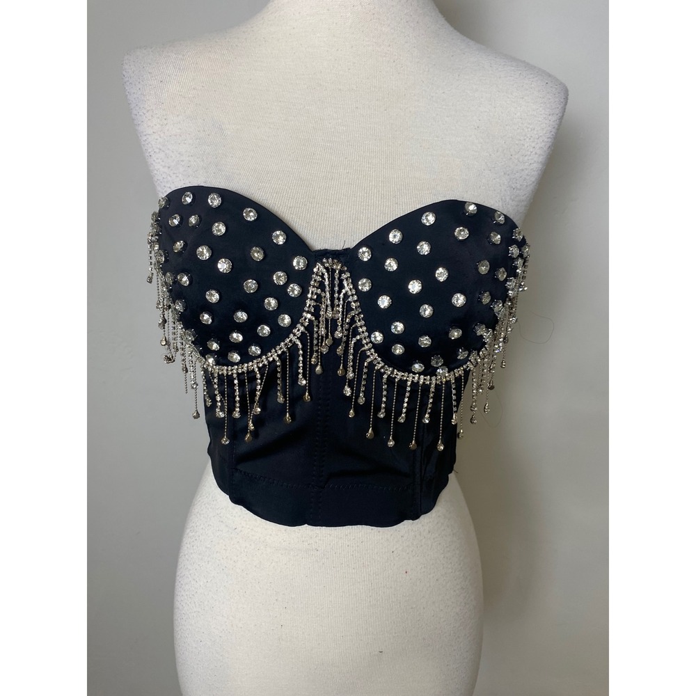 Lydia Black Rhinestone Fringe Bustier Crop Top Strapless Corset Goth Club  S